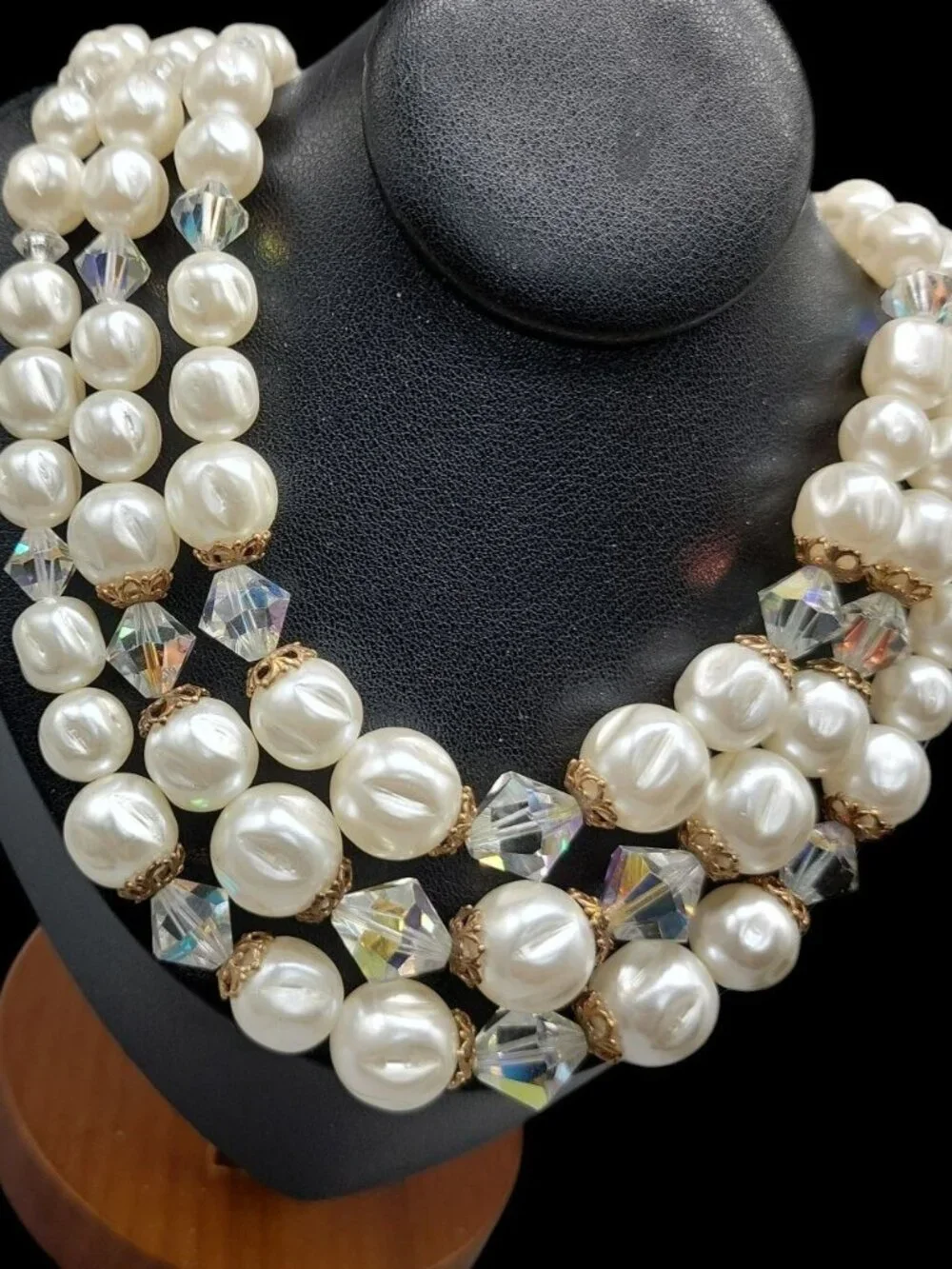 Faux Pearl Choker Multistrand Necklace Aurora Borealis Prism Spacers 16